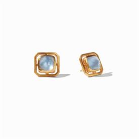 -,GENEVA IRIDESCENT CHALCEDONY STUD EARRINGS. CUSHION CUT GLASS GEMSTONES SET IN 24K GOLD PLATED PIERCED LABYRINTHINE SURROUND. .5"         