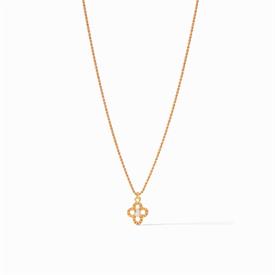 -,SOHO CHARM NECKLACE. MINIATURE 24K GOLD PLATED, BEADED QUATREFOIL SET W/ A FRESHWATER PEARL ON ONE SIDE, LABRADORITE ON OTHER. 16.5-17.5" 