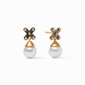 -,SOHO PEARL EARRINGS IN MIXED METALS. 24K GOLD PLATED BRASS WITH MIXED METAL ACCENTS ATOP A WHITE PEARL. 1" LONG                           