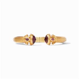 -,IRIDESCENT BORDEAUX DEMI HINGE CUFF. ARTFULLY FACETED GLASS GEMSTONE WITH PEARL ACCENTS ON 24K GOLD PLATED CUFF. ONE SIZE                 