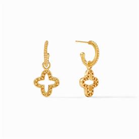 -,HOOP & CHARM EARRING. REMOVABLE 24K GOLD PLATED CLASSIC QUATREFOIL CHARM WITH RAISED BEADING ON A DECORATED HOOP. 1.25" LONG              