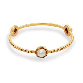 _,PEARL STONE BANGLE. TRIPLE PEARLS SET IN 24K GOLD PLATE WITH RAISED BEAD DETAIL. MEDIUM, 8"                                               