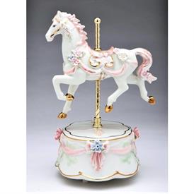 -,PINK CAROUSEL HORSE MUSIC BOX. PLAYS 'THE CAROUSEL WALTZ'. 5.25" LONG, 4" WIDE, 8" TALL                                                   