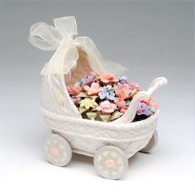-,BABY BUGGY WITH FLOWERS MUSIC BOX. PLAYS 'ROCK A BYE BABY'. 6" LONG, 4.2" WIDE, 5.2" TALL                                                 
