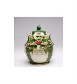 -:HOLLY CANDY JAR. 6.6" TALL, 5.4" WIDE                                                                                                     