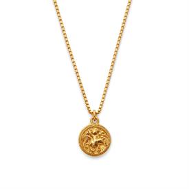 -,COIN CHARM NECKLACE. 24K GOLD PLATE CLASSIC COIN FEATURING A KNIGHT ON HORSEBACK WITH ZIRCON EYES. 18.2"-19.2" LONG                       