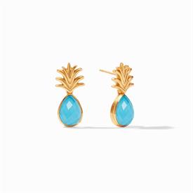 -,DEMI EARRING IN IRIDESCENT PACIFIC BLUE. SPARKLING GLASS GEMSTONE TOPPED WITH A 24K GOLD PLATED LEAF CROWN. 1.25" LONG                    