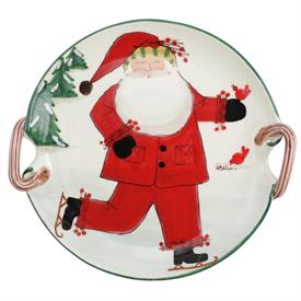 -HANDLED ROUND PLATTER WITH ICE SKATING SANTA. 15.25" WIDE                                                                                  