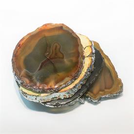 _,SET OF 4 YELLOW AGATE COASTERS WITH SILVER FOIL EDGES. EACH COASTER VARIES IN SIZE, SHAPE, AND COLOR.                                     