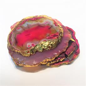 _,SET OF 4 PINK AGATE COASTERS WITH GOLD FOIL EDGES. EACH COASTER VARIES IN SIZE, SHAPE, AND COLOR.                                         