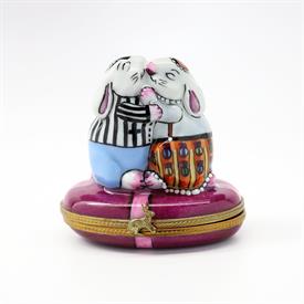 ,HUGGING RABBIT COUPLE TRINKET BOX. HAND PAINTED, SIGNED. 2.65" TALL, 2" LONG, 2.75" WIDE                                                   