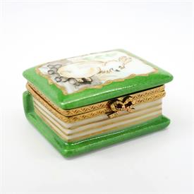 ,BOOK SHAPED TRINKET BOX WITH PAINTED HARE/RABBIT ON COVER BY EXIMIOUS. HAND PAINTED, SIGNED. 1" TALL. 1.8" WIDE, 1.5" LONG                 