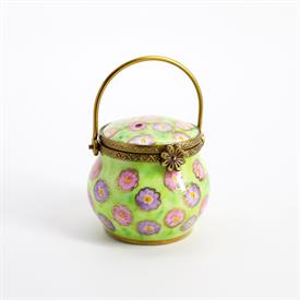 ,RETIRED LIDDED LUNCH PAIL WITH FLORAL MOTIF BY PARRY VIEILLE. HAND PAINTED. 2" TALL (WITH HANDLE), 1,5" WIDE                               