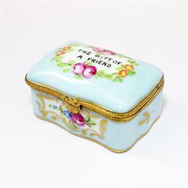 ,VINTAGE 'THE GIFT OF A FRIEND' BLUE & FLORAL MOTIF LIMOGES TRINKET BOX. HAND PAINTED. 1.25" TALL, 1.75" LONG, 2.4" WIDE                    