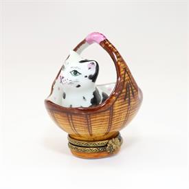 ,BLACK & WHITE CAT IN BASKET FIGURINE BY PERRY VIEILLE. HAND PAINTED. 2.3" TALL, 1.55" LONG, 2.1" WIDE                                      