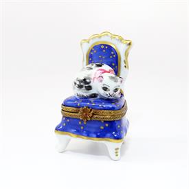 ,CAT SLEEPING ON BLUE CHAIR TRINKET BOX BY ROCHARD. 2.5" TALL, 1.4" LONG, 1.5" WIDE                                                         