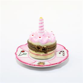 ,RETIRED PINK BIRTHDAY CAKE WITH CANDLE TRINKET BOX. HAND PAINTED, SIGNED. 1.75" TALL, 2" WIDE                                              