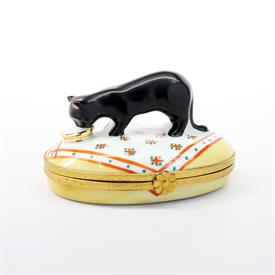 ,BLACK CAT DRINKING MILK FROM SAUCER TRINKET BOX BY ARTORIA. HAND PAINTED, SIGNED, NUMBERED 33. 1.75" TALL, 2.1" LONG, 2.95" WIDE           
