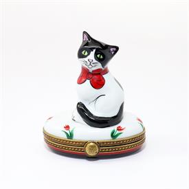 ,BLACK & WHITE CAT WITH RED BOW TRINKET BOX. HAND PAINTED, SIGNED, NUMBERED 251 OF 300. 2.5" TALL, 1.6" LONG, 2.2" WIDE                     