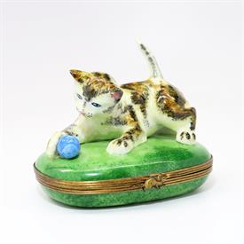 ,CAT PLAYING WITH BLUE BALL TRINKET BOX BY CHAMART. HAND PAINTED. 2.9" TALL, 2.5" LONG, 3.3" WIDE                                           