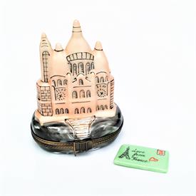 ,RARE RETIRED SACRE COEUR BASILICA WITH 'SURPRISE' POSTCARD LIMOGES TRINKET BOX. HAND PAINTED. 3.25" TALL, 2.5" LONG, 2" WIDE               
