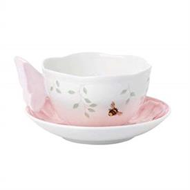 -PINK CUP & SAUCER. 8 OZ. CAPACITY. MICROWAVE & DISHWASHER SAFE. BREAKAGE REPLACEMENT AVAILABLE. MSRP $40.00                                