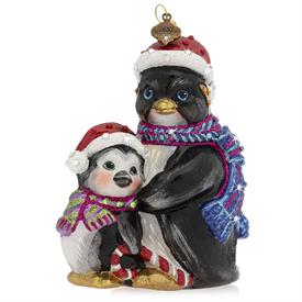 -FATHER & CHILD PENGUIN GLASS ORNAMENT. 4" WIDE, 2.25" DEEP, 4.5" TALL                                                                      