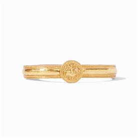 -,COIN HINGE BANGLE. 24K GOLD PLATED COIN WITH A KNIGHT ON HORSEBACK WITH A CZ EYE ON A LIGHTLY HAMMERED BANGLE. FITS ALL WRISTS            