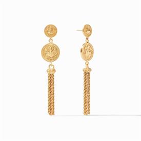 -,COIN TASSEL EARRINGS. 24K GOLD PLATED COINS WITH CZ ACCEWNTS FINISHED WITH SLENDER CHAINS. 3" LONG                                        