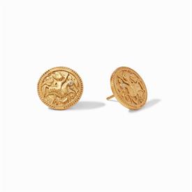 -,COIN STUD EARRINGS. 24K GOLD PLATED CLASSIC COIN FEATURING A KNIGHT ON HORSEBACK WITH CZ ACCENTS, 1" WIDE.                                