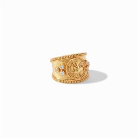 -,COIN CREST RING. 24K GOLD PLATED CLASSIC CREST RING FEATURING A KNIGHT ON HORSEBACK SURROUNDED BY TREFOILS OF CZ'S. SIZE 7-ADJUSTABLE     