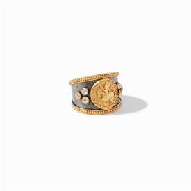 -,CREST RING IN MIXED METAL. CLASSIC CREST RING SHOWCASING A 24K GOLD PLATED KNIGHT ON HORSEBACK WITH TREFOILS OF CUT CZ. SIZE 7            