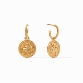 -,HOOP & CHARM EARRINGS. REMOVABLE 24K GOLD PLATED CLASSIC COIN CHARMS WITH CZ ACCENTS ON BEADED HOOPS. 1.25" LONG                          