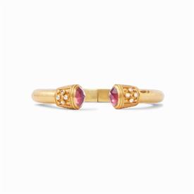 -,IRIDESCENT BORDEAUX DEMI HINGE CUFF BRACELET. LIGHTLY HAMMERED 24K GOLD PLATED CUFF WITH GEMSTONE AND CZ CAPPED ENDS. FITZ ALL WRISTS.    