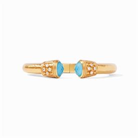 -PACIFIC BLUE DEMI HINGE CUFF. LIGHTLY HAMMERED 24K GOLD PLATED CUFF CAPPED WITH GLASS GEMSTONES & CZ ACCENTS. FITS ALL WRISTS.             