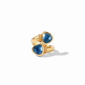 -,IRIDESCENT AZURE BLUE DUET RING. RADIANT TRILLION GLASS GEMS ON MOTHER OF PEARL DOUBLETS SET IN 24K GOLD PLATED DETAILED BAND. SIZE 7     