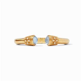 -,DEMI HINGE CUFF IN IRIDESCENT CHALCEDONY BLUE. GLASS GEMSTONE END CAPS WITH PEARL ACCENTS ON A 24K GOLD PLATED HAMMERED CUFF. ONE SIZE    