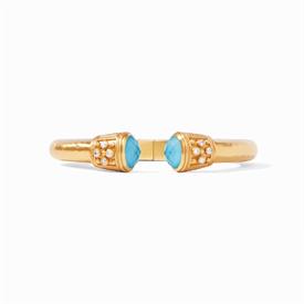 -,LUXE DEMI HINGE CUFF IN IRIDESCENT PACIFIC BLUE. GLASS GEMSTONE & CZ ACCENT END CAPS ON 24K GOLD PLATED LIGHTLY HAMMERED CUFF. ONE SIZE   