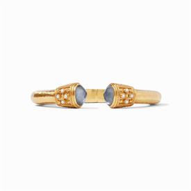 -,DEMI HINGE CUFF IN IRIDESCENT SLATE BLUE. 24K GOLD PLATED CUFF WITH CUT GLASS ENDCAPS & PEARL ACCENTS. ONE SIZE.                          