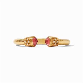 -,DEMI HINGE CUFF IN IRIDESCENT ROUGE. ROSE CUT GLASS GEM END CAPS & FRESHWATER PEARLS IN 24K GOLD PLATED CUFF. ONE SIZE FITS MOST          