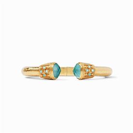 -,LUXE DEMI HINGE CUFF IN IRIDESCENT BAHAMIAN BLUE. RADIANT GLASS GEMSTONE ENDCAPS ACCENTED WITH SPARKING CZ IN 24K GOLD PLATED BANGLE.     