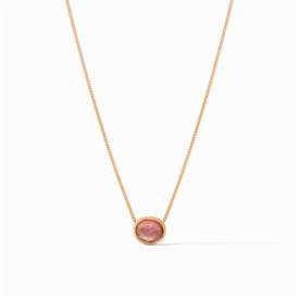 -IRIDESCENT BORDEAUX SOLITAIRE NECKLACE. ROSE-CUT OVAL GLASS GEMSTONE ON MOTHER OF PEARL DOUBLET ON 24K GOLD PLATED CHAIN. 16-17" LONG      