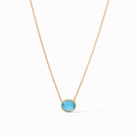 -PACIFIC BLUE SOLITAIRE NECKLACE. OVAL ROSE-CUT GLASS GEMSTONE ON MOTHER OF PEARL DOUBLET WITH 24K GOLD PLATED CHAIN. 16-17" LONG           