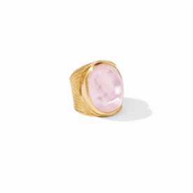 -,STATEMENT RING IN IRIDESCENT ROSE. RADIANT ROSE-CUT GLASS GEM WITH MOTHER OF PEARL DOUBLET IN 24K GOLD PLATED CHEVRON DETAILED SHANK. SZ 8