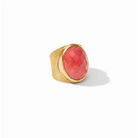-,STATEMENT RING IN IRIDESCENT ROUGE. ROSE-CUT GLASS & MOTHER OF PEARL GEMSTONE IN 24K GOLD PLATED CHEVRON DETAILED SHANK. SIZE 8.          