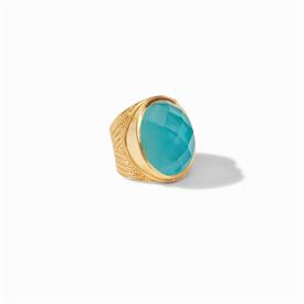 -,STATEMENT RING IN IRIDESCENT BAHAMIAN BLUE. RADIANT ROSE-CUT GEM SET IN 24K GOLD PLATED CHEVRON DETAILED SHANK. SIZE 8                    