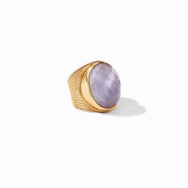 -,STATEMENT RING IN IRIDESCENT LAVENDER. RADIANT ROSE CUT GLASS GEMSTONE WITH MOTHER OF PEARL DOUBLET IN 24K GOLD PLATED SHANK. SIZE 7      