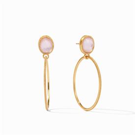 -,STATEMENT EARRINGS IN IRIDESCENT ROSE. LIGHTWEIGHT 24K GOLD PLATED HOOPS TOPPED WITH RADIANT GLASS GEMS. 2" LONG                          