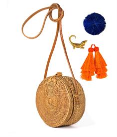 _,LUCY CANTEEN BAG WITH BLUE RAFFIA, ORANGE HORSE HAIR TASSLES, AND GATOR. 7" WIDE, 3" DEEP WITH 54" LEATHER STRAP                          
