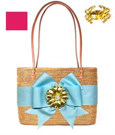 _,TAN CHARLOTTE BAG WITH HOT PINK RIBBON & GOLD CRAB. 13" WIDE, 10" TALL, 4" DEEP WITH 26" LEATHER HANDLES                                  